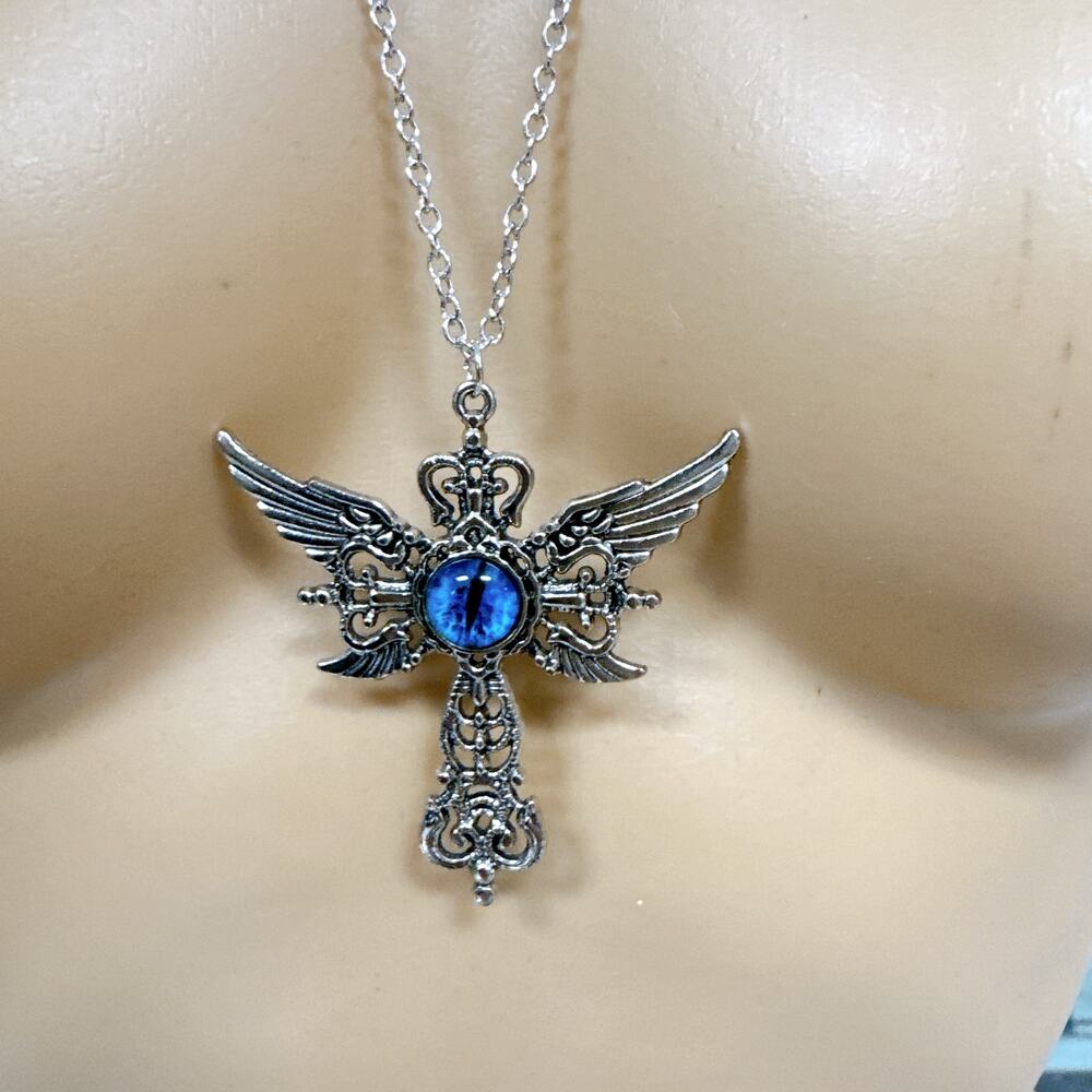 Vintage Blue Evil Eye Winged Cross Necklace Gothic Punk Pendant Men Women
